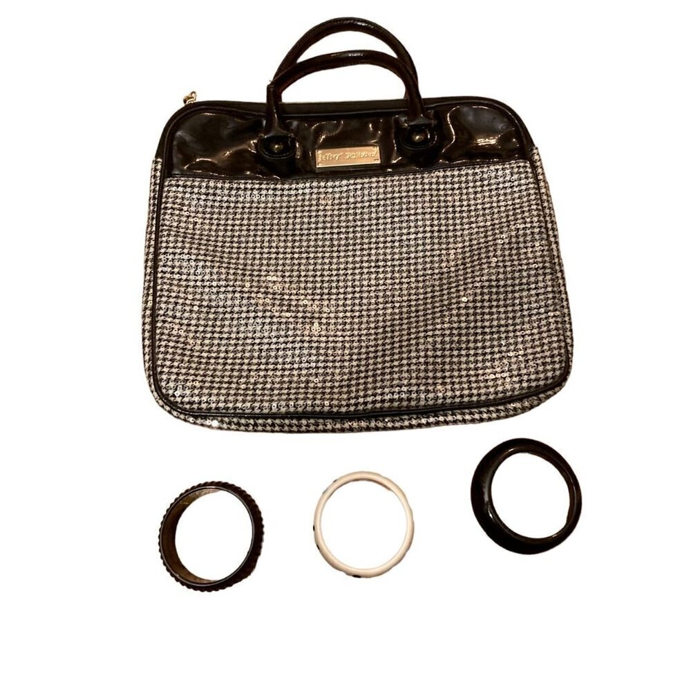 Betsey Johnson Houndstooth Sequin Handbag + 3 Black White Bracelets